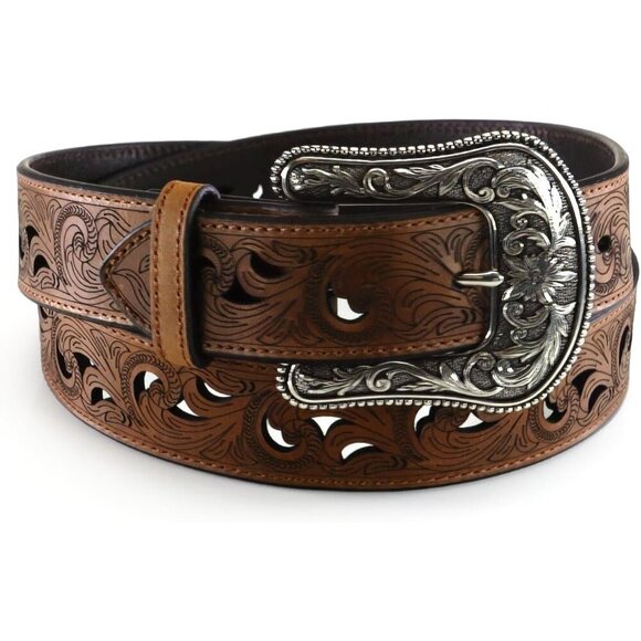 Accessories - Women's Brown Leather Belt with Scroll Cutouts and Interchangeable Buckle